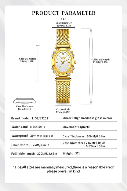 LIGE 2025 New Gold Square Watch For Women Simple Fashion Waterproof Quartz Ladies Watches Ultra-Thin Mesh Women's Bracelet Watch