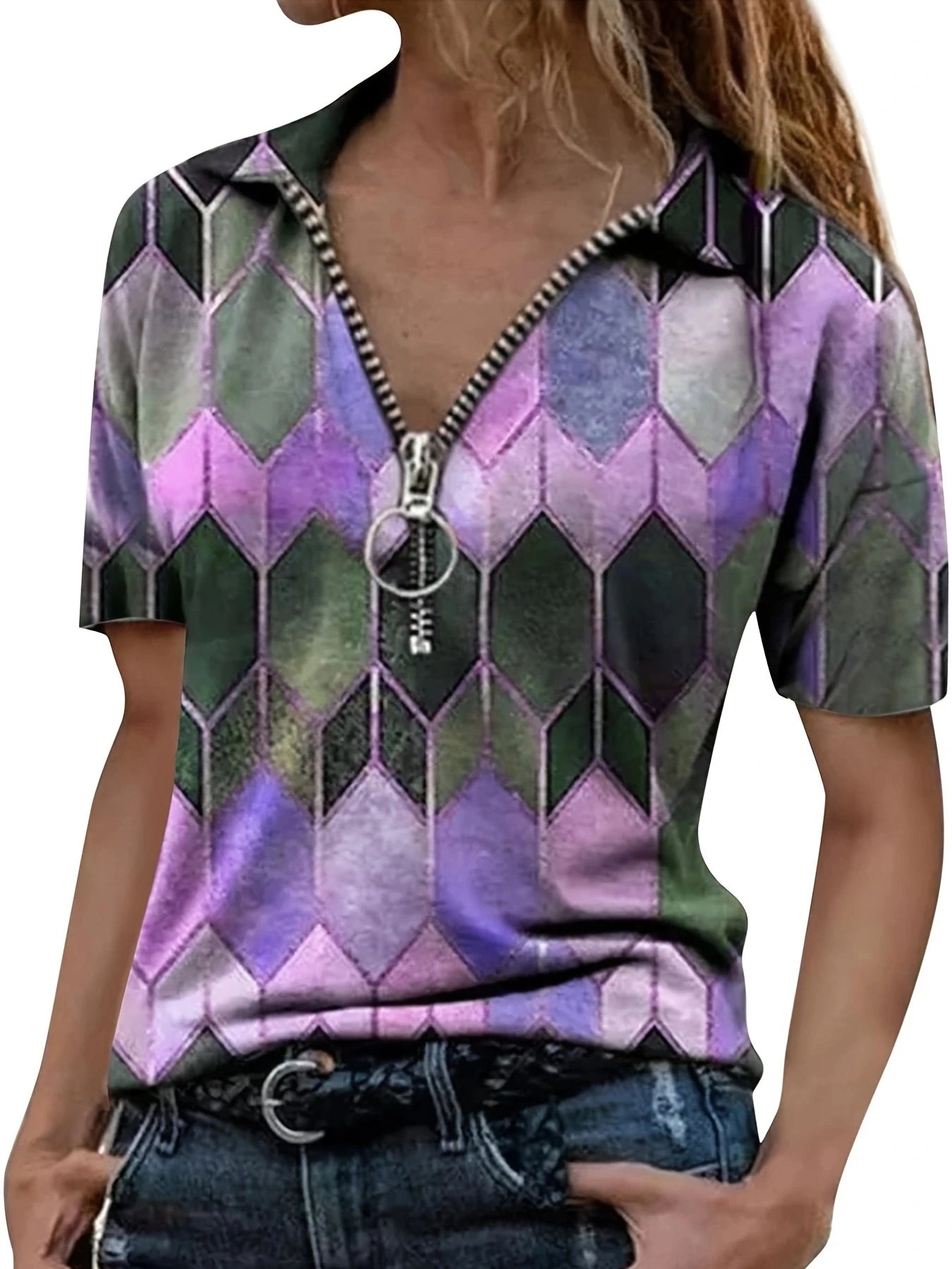 Versatile All-Season Women's Polo Shirt- Easy-Care,Stretch Comfort with Stylish Zip and Geometric Design for Everyday Casual Wea PURPLE