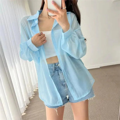 7 Colors Shirts Women Sheer Thin Chic Summer Simple Solid Sun-proof Tops Fashion Baggy All-match Basic Korean Style Sexy Clothes Blue One Size