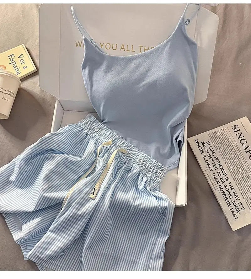 Striped Sleepwear Women Pajama Sets Spaghetti Strap Piiama Shorts Sets 2 Pieces Korean Night Wears Summer Cute Home Suit 2025