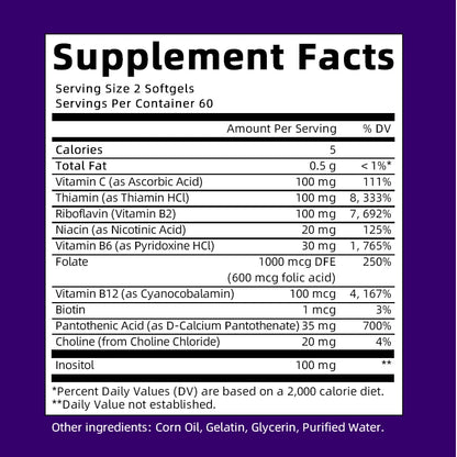 Mulittea 3X Complex Vitamin B Supplements (B12 B2 B6)for Relieve Stress Improve Immunity System Energy Support