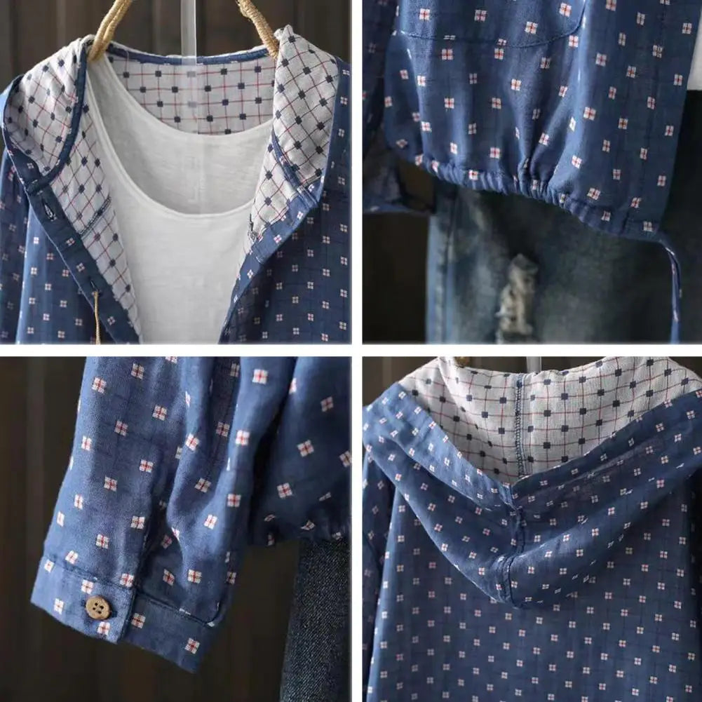 Women Spring Autumn Coat Hooded Drawstring Hem Long Sleeve Printing Loose Zipper Closure Jacket with Pockets Daily Wear Commutin