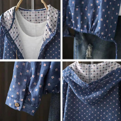 Women Spring Autumn Coat Hooded Drawstring Hem Long Sleeve Printing Loose Zipper Closure Jacket with Pockets Daily Wear Commutin