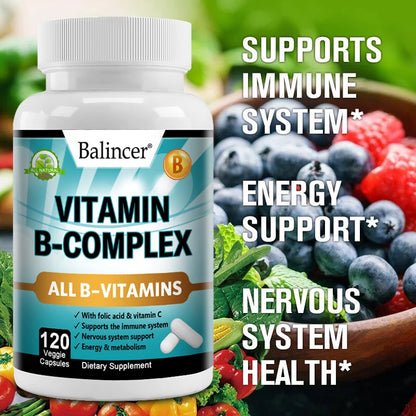Vitamin B Complex Supplement, Containing Folic Acid and Vitamin C, Supports Energy, Immune Health, Antioxidant Supplement