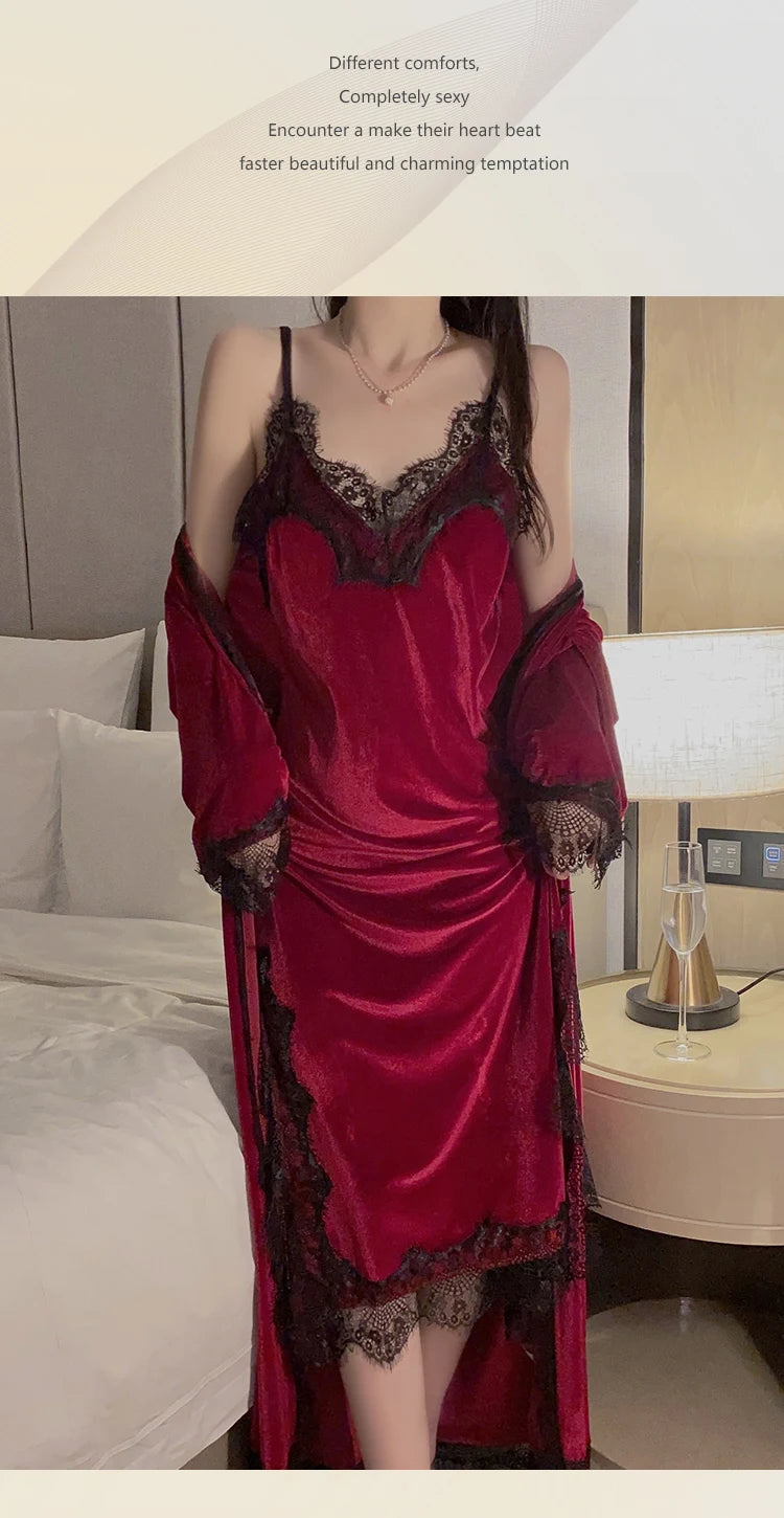 Women Warm Velour Homewear Long Kimono Robe Cami Sleepwear Burgundy Bathrobe Set Sexy Nightgown Winter Robe Suit Loungewear