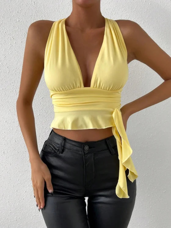 Women's Sexy Tight Fitting Deep V-neck Pleated Top Tight Fitting 2024 Spring Beach Resort Nightclub New Model Women's Sexy Tigh
