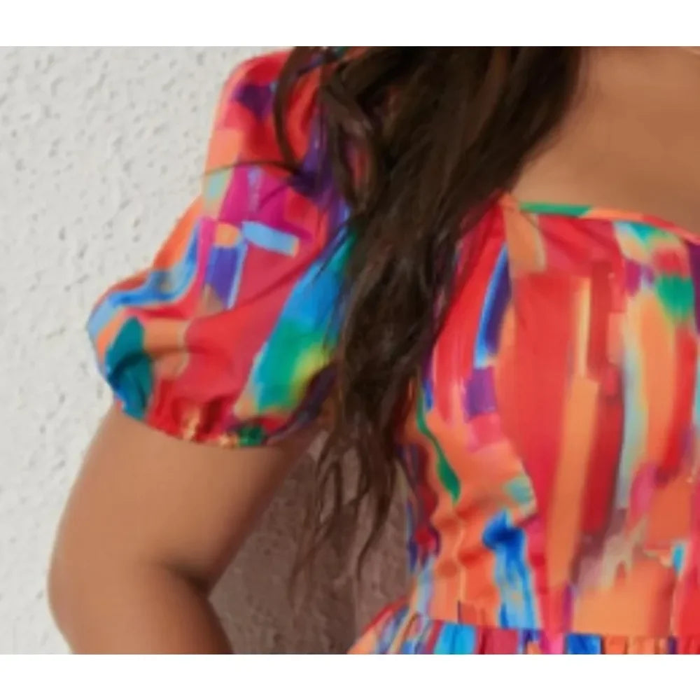 Plus Size Women Spring and Summer Dress Brush Casual Sleeveless Print Puff Sleeve A Line Dress