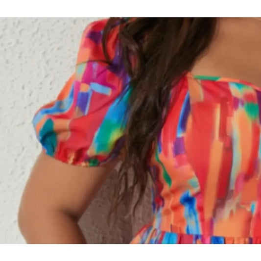 Plus Size Women Spring and Summer Dress Brush Casual Sleeveless Print Puff Sleeve A Line Dress