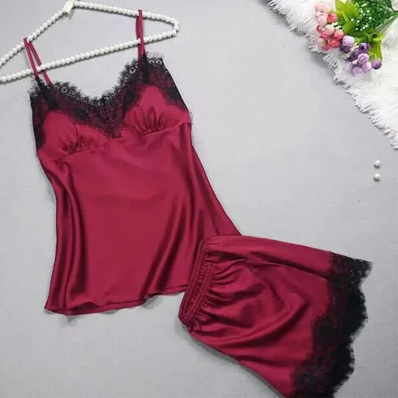 Women's Halter Pajamas 2 PCS Camisole and Shorts Home Wear Red Black Sexy Lace S M Ventilate Comfort