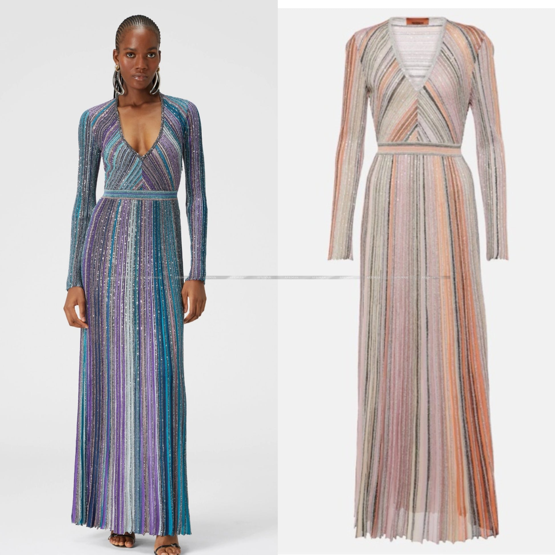 Women V Neck Long Sleeve Bright Silk Color Mosaic Stripe Waist Temperament Long Knitted Dress Badiee Stylez