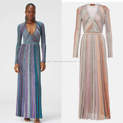 Women V Neck Long Sleeve Bright Silk Color Mosaic Stripe Waist Temperament Long Knitted Dress Badiee Stylez