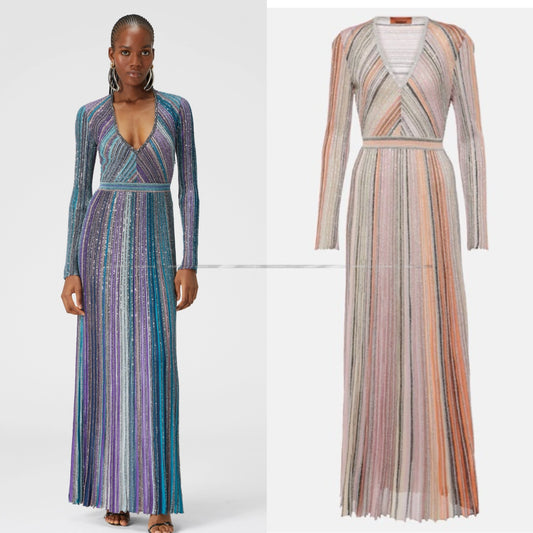 Women V Neck Long Sleeve Bright Silk Color Mosaic Stripe Waist Temperament Long Knitted Dress Badiee Stylez