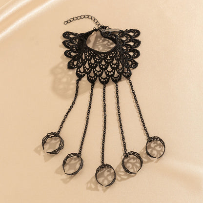Creative Vintage Black Lace Finger Wrist Chain Rings Bracelets for Women Metal Connecting Hand Harness Bangles Christmas Jewelry