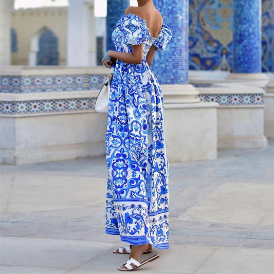 Fashion Temperament Slash Neck Bohemian Printed Maxi Dress New Women Elegant High Waist A-Line Long Dress Sexy Loose Party Dress