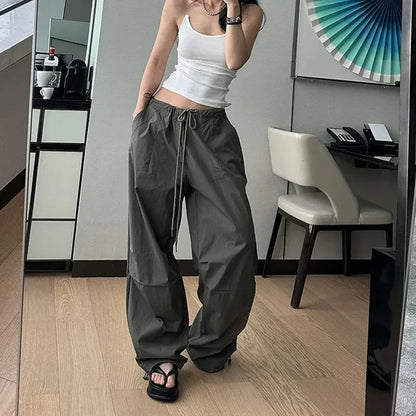 Rimocy Lace Up Y2K Parachute Pants Women Hip Hop Streetwear Oversized Cargo Pants Woman Harajuku Wide Leg Baggy Sweatpants Mujer Badiee Stylez