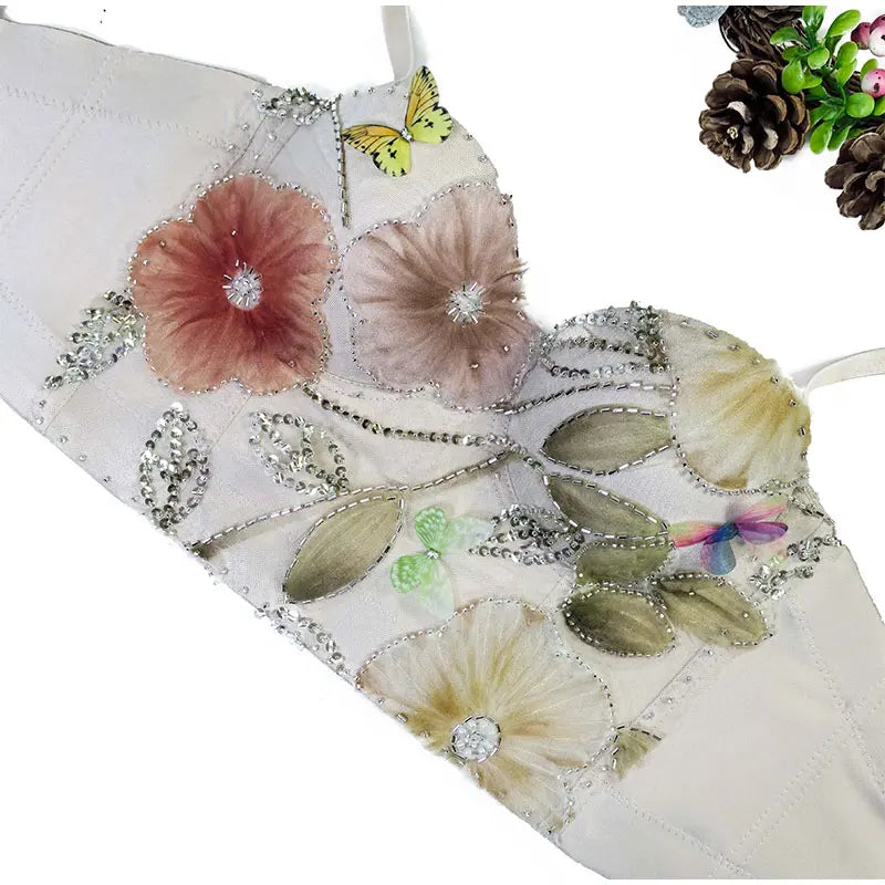 Flower Embroidery Bead Fish Bone Suspender Women Bra Sexy Exposed Waist Metal Buckle Top Party Vacation Female Tops 2025 Summer