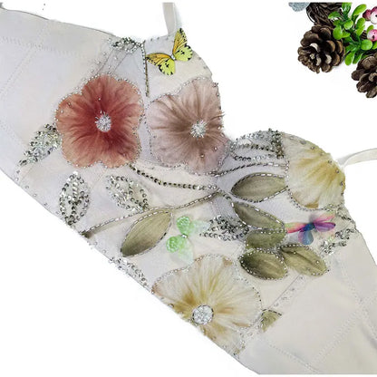 Flower Embroidery Bead Fish Bone Suspender Women Bra Sexy Exposed Waist Metal Buckle Top Party Vacation Female Tops 2025 Summer