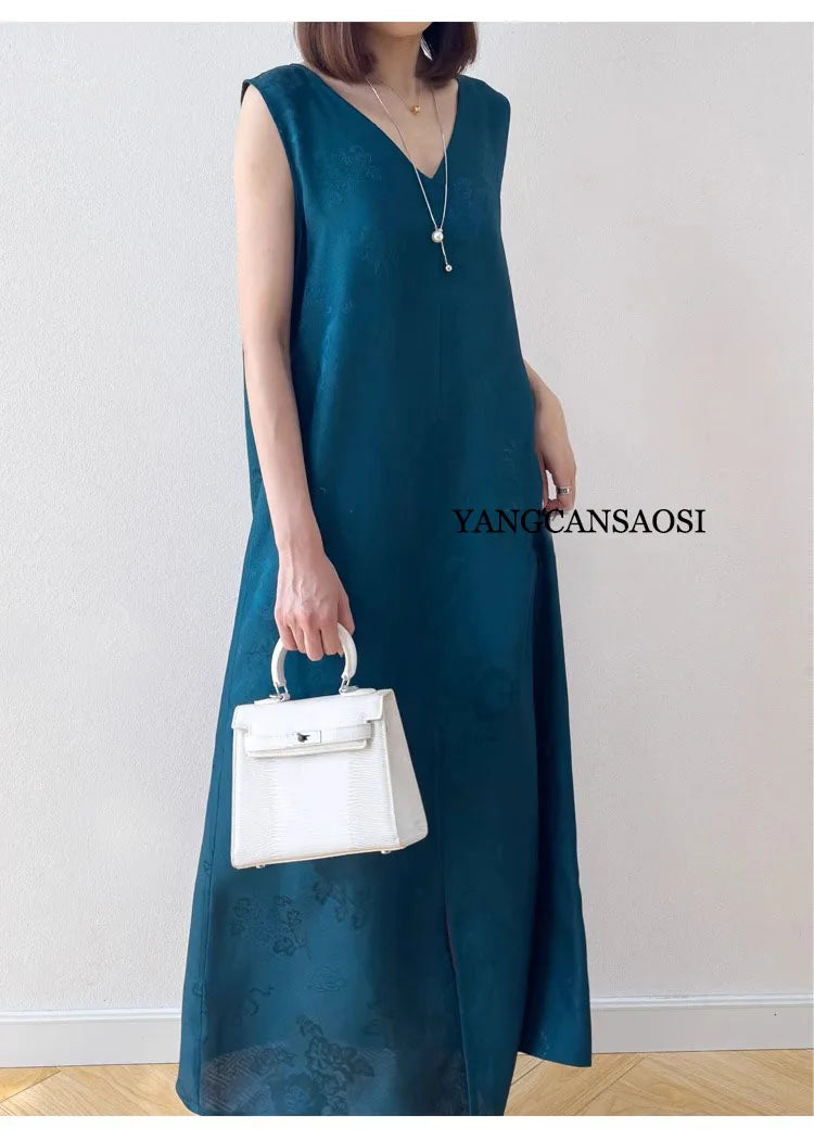 2025 Women's Summer New Luxury 100% Natural Mulberry Silk Jacquard Satin V-neck Split Double Sided Sleeveless Vest Dress Badiee Stylez