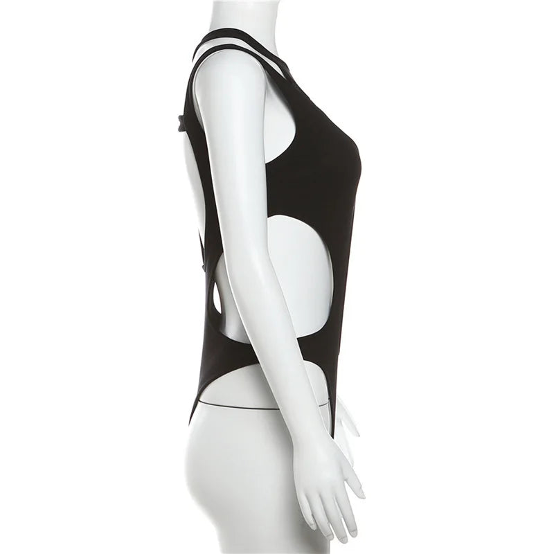 Gothic tops Y2k clothes sexy spicy hollow out bodysuit nigh clubwearr ashion women's patchwork slim fitting jumpsuit top tees