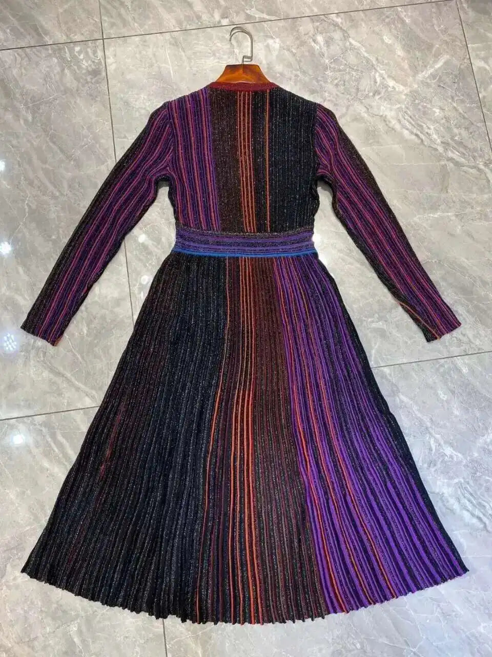 QMQA Fashion Women's Gradient Stripes Design Dresses V Neck High Waist Long Sleeve Elegant Party Dress Female Spring New 1A116 Badiee Stylez