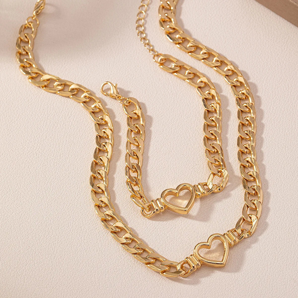 Minimalist Heart Shape Hollow Collarbone Chain Bracelet Set For Women Holiday Party Gift Fashion Jewelry CS009