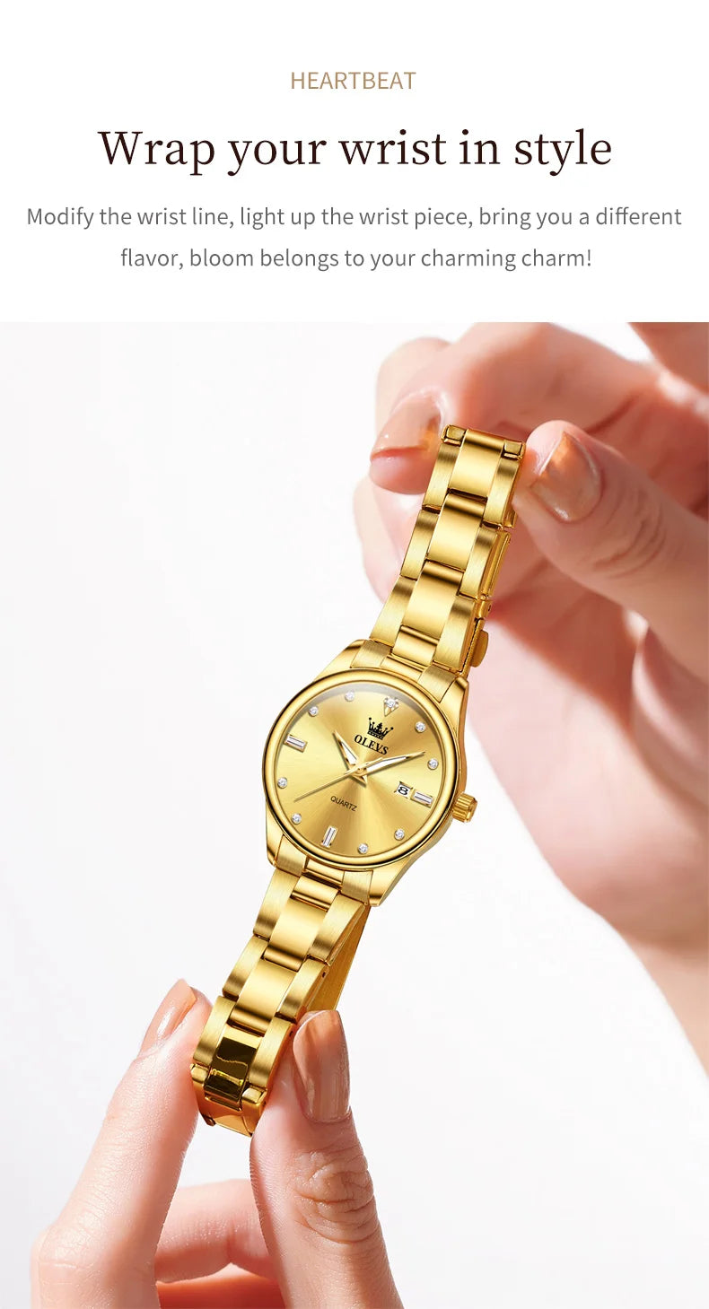 OLEVS Elegant Fashion Brand Women's Watches Gold Waterproof cCalendar Quartz Watch for Lady Stainless Steel Original Wristwatch