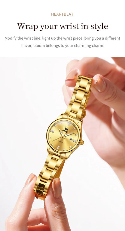 OLEVS Elegant Fashion Brand Women's Watches Gold Waterproof cCalendar Quartz Watch for Lady Stainless Steel Original Wristwatch