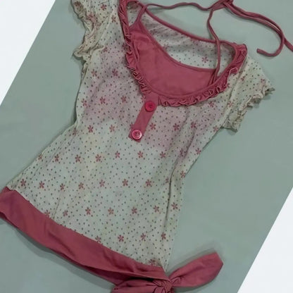 Retro Floral Print Fake Two-piece Short-sleeved T-shirt Women Y2K Millennial Hot Girl Sweet Slim Harajuku Street Casual Top