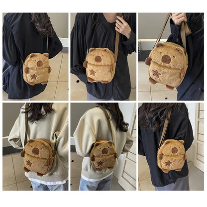 Cute Plush Capybara Crossbody Bag Large Capacity Shoulder Bag Girls Coin Purse Adjustable Zipper Plush Mobile Phone Pouch