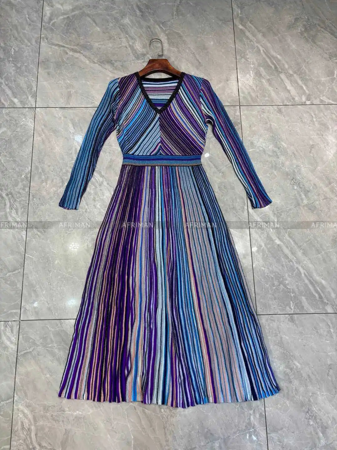 Women V Neck Long Sleeve Bright Silk Color Mosaic Stripe Waist Temperament Long Knitted Dress Badiee Stylez