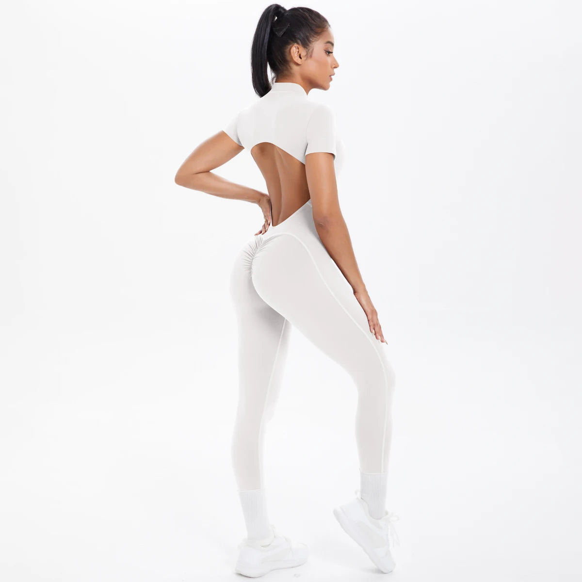 Short Sleeved Fitness Jumpsuit for Woman Bodysuits Backless Solid Color Scrunch One-Piece Suit Half Zipper Gym Yoga Sets Womens