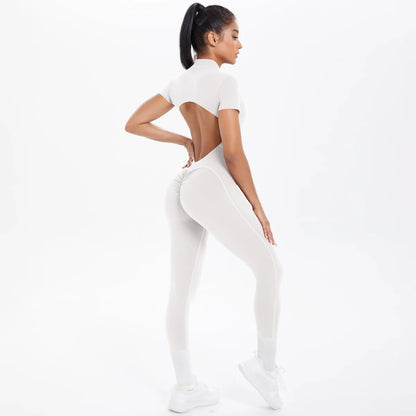 Short Sleeved Fitness Jumpsuit for Woman Bodysuits Backless Solid Color Scrunch One-Piece Suit Half Zipper Gym Yoga Sets Womens