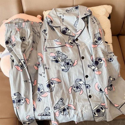 Cartoon Stitch Long Sleeved Sleepwear Pajama Sets Women's New Lazy Style Home Clothes Can Be Worn Outside Women's Pajamas Set