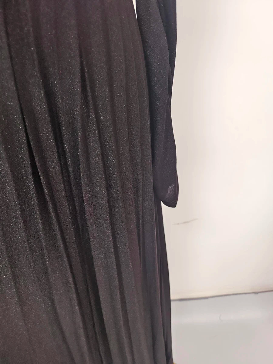 TWOTWINSTYLE Solid Spliced Belt Slimming Dresses For Women O Neck Long Sleeve High Waist Temperament Long Dress Female Clothes