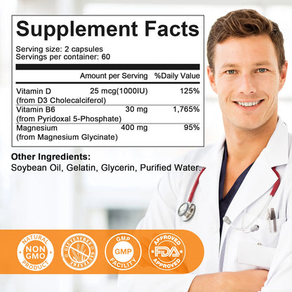 Magnesium Glycinate Supplement 400mg Magnesium with Vitamin D3 & B6 Supports Bone, Memory, Calm, Mood & improve Sleep, 120pcs