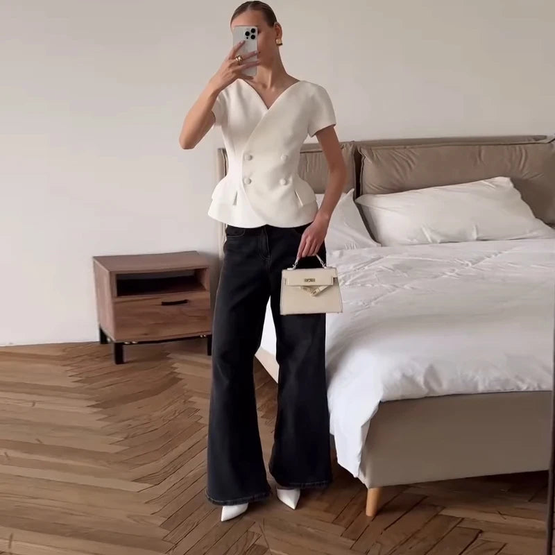 Elegant Short Sleeve Women's Top 2025 Summer Fashion V-neck Button Slim Office Lady Commuting Tops Street Solid Female Shirt