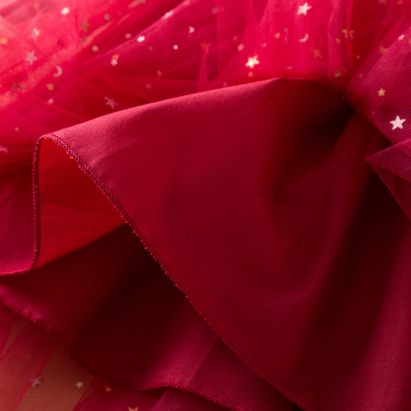 2025 Red Christmas Dress for Baby Girls Winter Long Sleeve Mesh Dresses for 3-8Yrs Kid Star Sequin Birthday Party Princess Dress