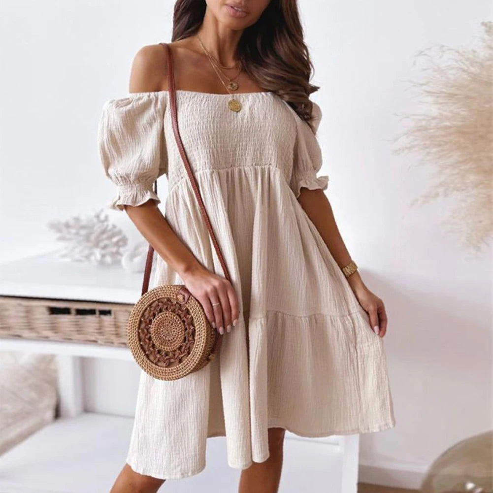 New Short Sleeve Off The Shoulder High Waist A-Line Pleated Dress Sexy Club Outfits Solid Color Summer Dress Women 2025