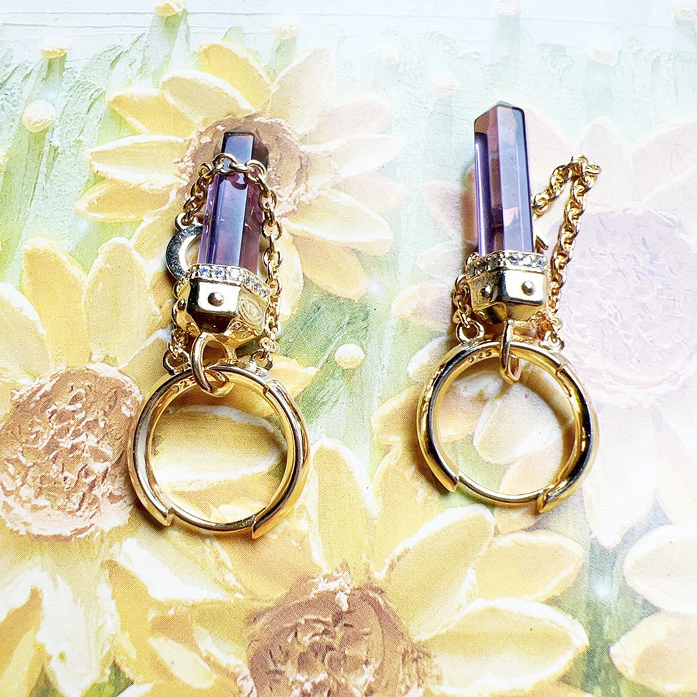 Gold Plated Hoop Earrings Moon with Imitation Amethysts Europe Fine Jewerly For Women Vintage Gift In Solid 925 Sterling Silver