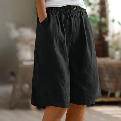 Female Fashion Solid Color Elastic High Waist Pocket Button Up Loose Cotton Linen Five Length Shorts Summer Soft Comfort Pants Black