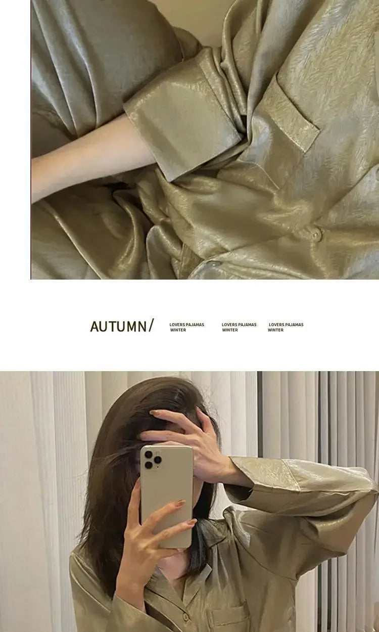 Women's Gray Ink Painting Ice Silk Pajamas Ladies Spring and Autumn Thin Long-Sleeved High-End Sleepwear Loungewear Cherry Print