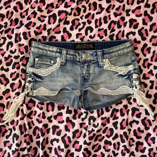 Y2K Womens Casual Retro Harajuku Gothic Punk Shorts Fashionable Trendy Lace Spliced jeans Sexy Slim Strap Low Waist Shorts 2