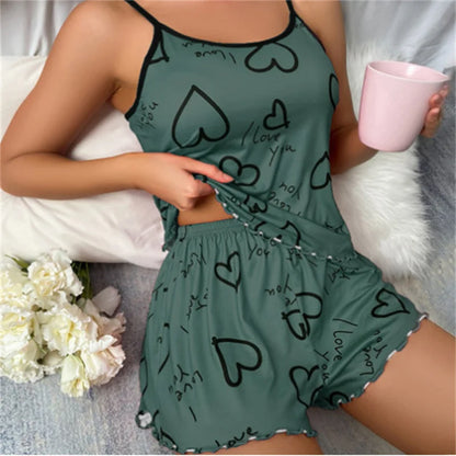 women's heart-shaped printed pajamas set sexy pajamas silk pleated vest shorts set soft and comfortable home wear sweet and cute green
