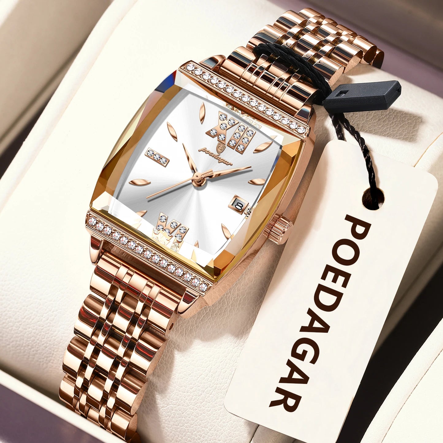 POEDAGAR Diamond Luxury Watch For Woman High Quality Waterproof Date Ladies Quartz Watch Stainless Steel Women Watches Reloj+Box 795 RoseGold White