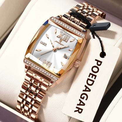 POEDAGAR Diamond Luxury Watch For Woman High Quality Waterproof Date Ladies Quartz Watch Stainless Steel Women Watches Reloj+Box 795 RoseGold White