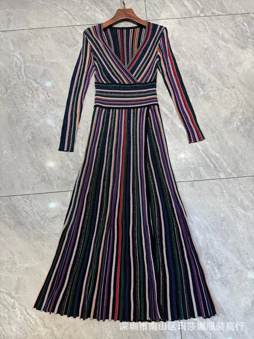 QMQA Fashion Women's Gradient Stripes Design Dresses V Neck High Waist Long Sleeve Elegant Party Dress Female Spring New 1A116 Badiee Stylez