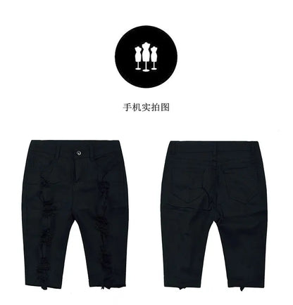 Summer New Fashion Women's American Washed Blue Solid Color High Waist Hole Patched Denim Shorts Skinny Jeans Shorts Female