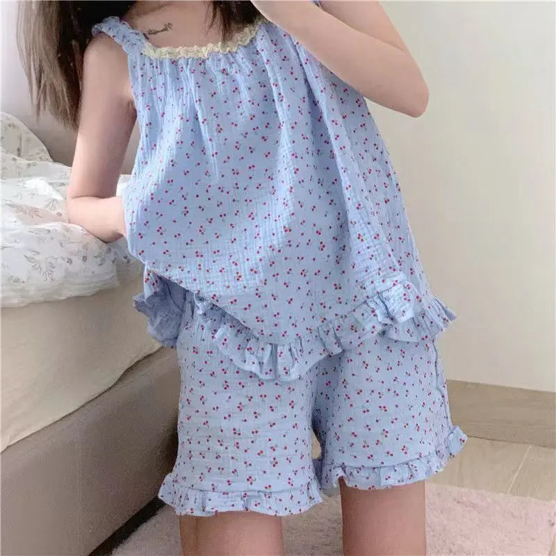 Pajamas Set for Women Sexy Home Clothing Sleepwear Tank Top Suit Shorts Cute Underwear Soft Nightwear Sleeveless Lace Loungewear