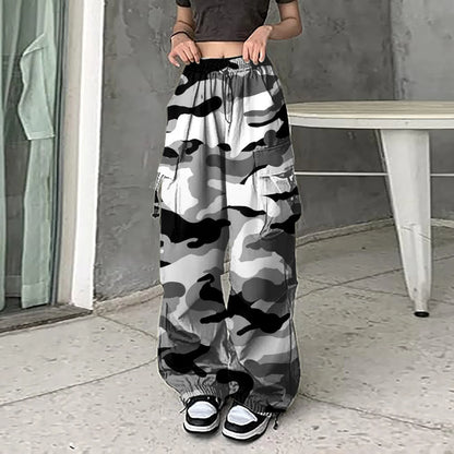Womens Camouflage Cargo Pants Streetwear Hip Hop Baggy Trousers Casual Drawstring Joggers Pockets Loose Wide Leg Sweatpants black