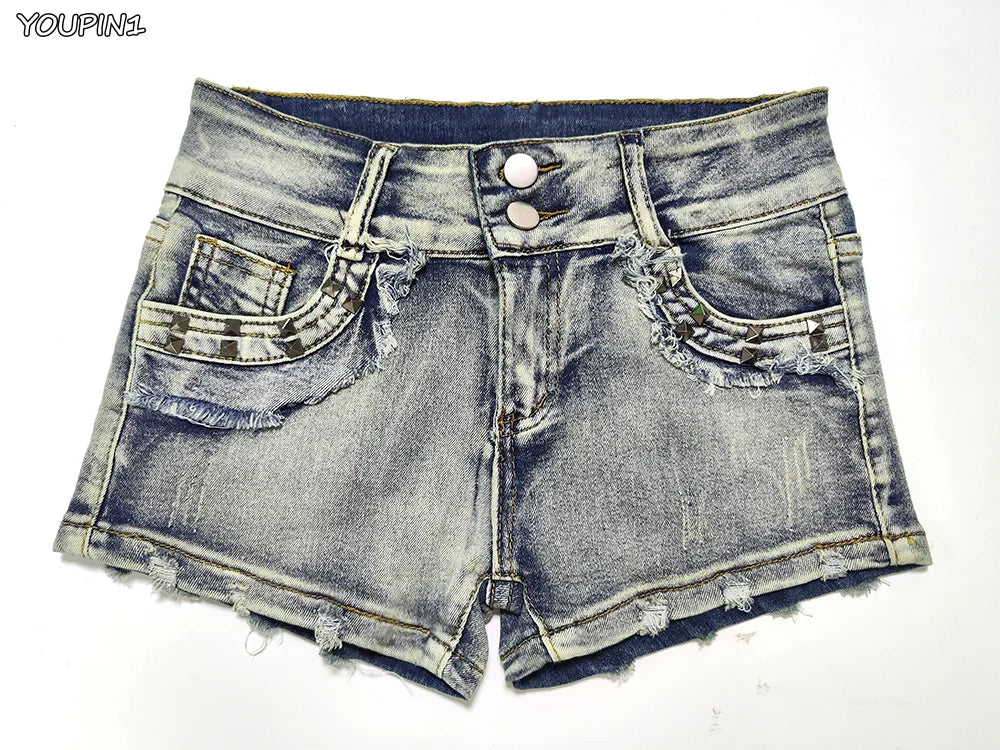 Sexy Low Rise Denim Super Shorts Women's Summer Elastic Slim Skinny Rivet Vintage Blue Short Jeans Y2k Versatile Pants